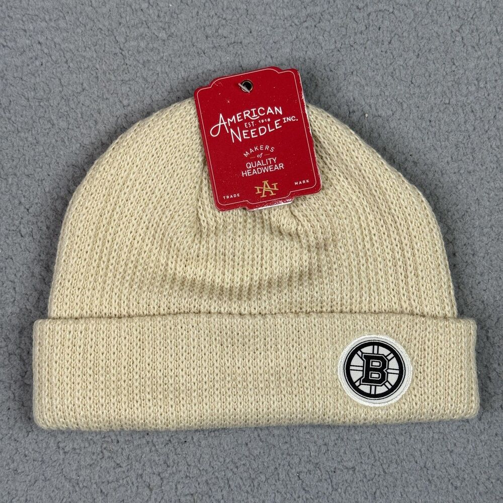Boston‎ Bruins Beanie Ivory Fisherman Ribbed Cuff Knit Winter Hat NHL Hockey NWT